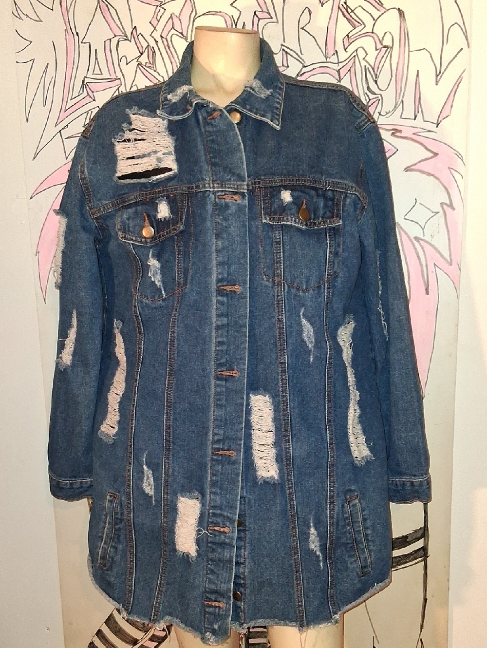 Oversized Distressed Blue Denim Jean Jacket
